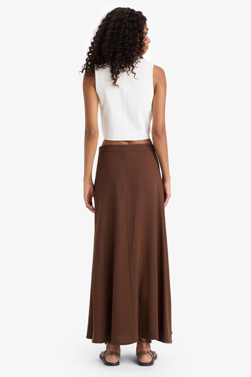 Woman Brown A Cut Linen Blended Normal Waist Maxi Skirt