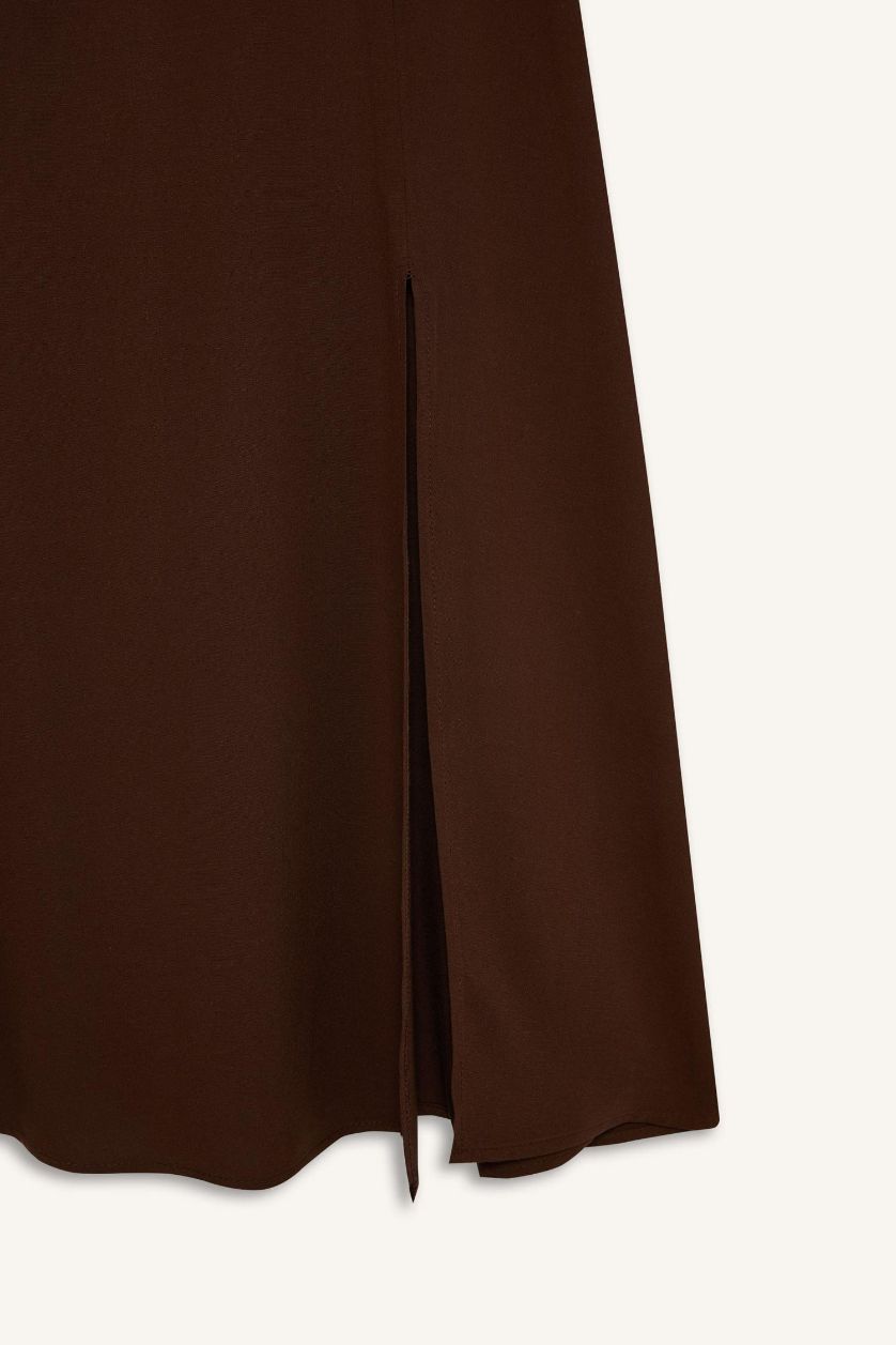 Woman Brown A Cut Linen Blended Normal Waist Maxi Skirt
