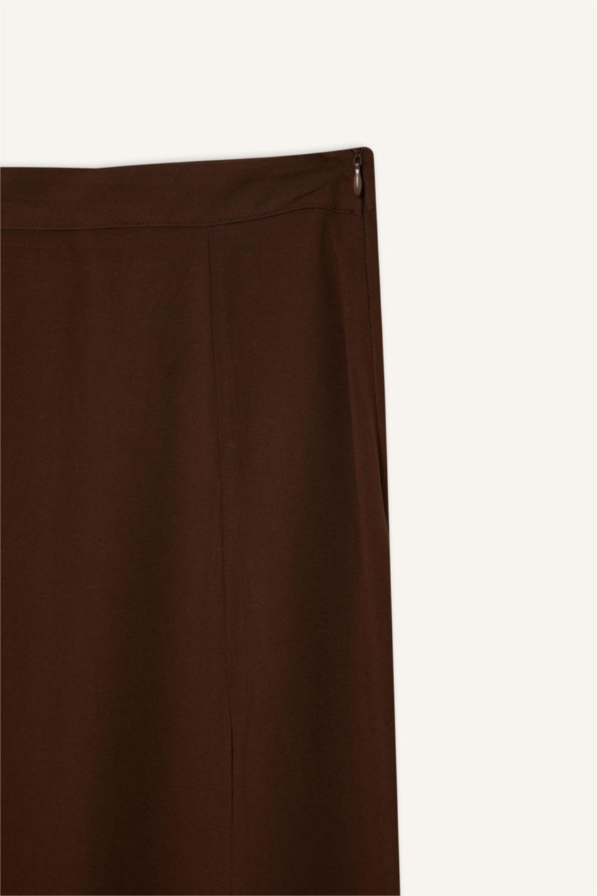 Woman Brown A Cut Linen Blended Normal Waist Maxi Skirt