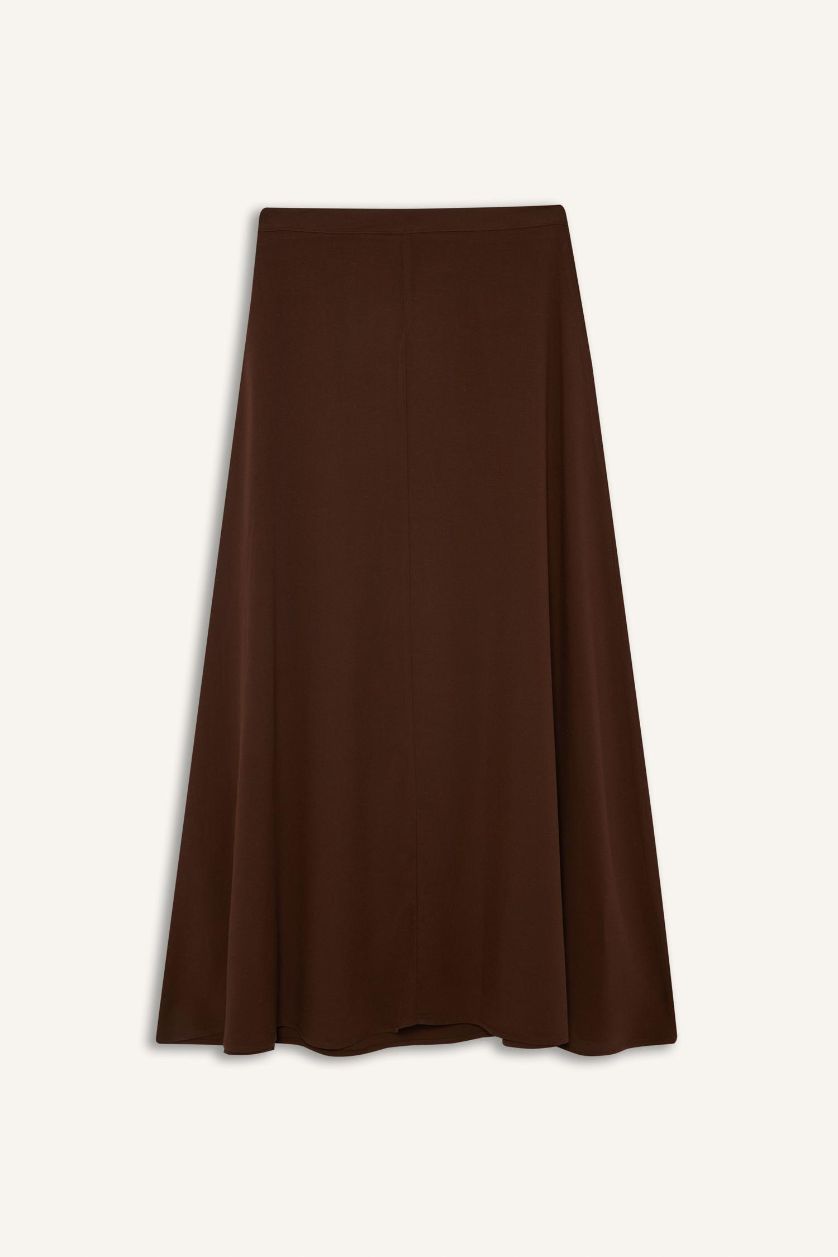 Woman Brown A Cut Linen Blended Normal Waist Maxi Skirt