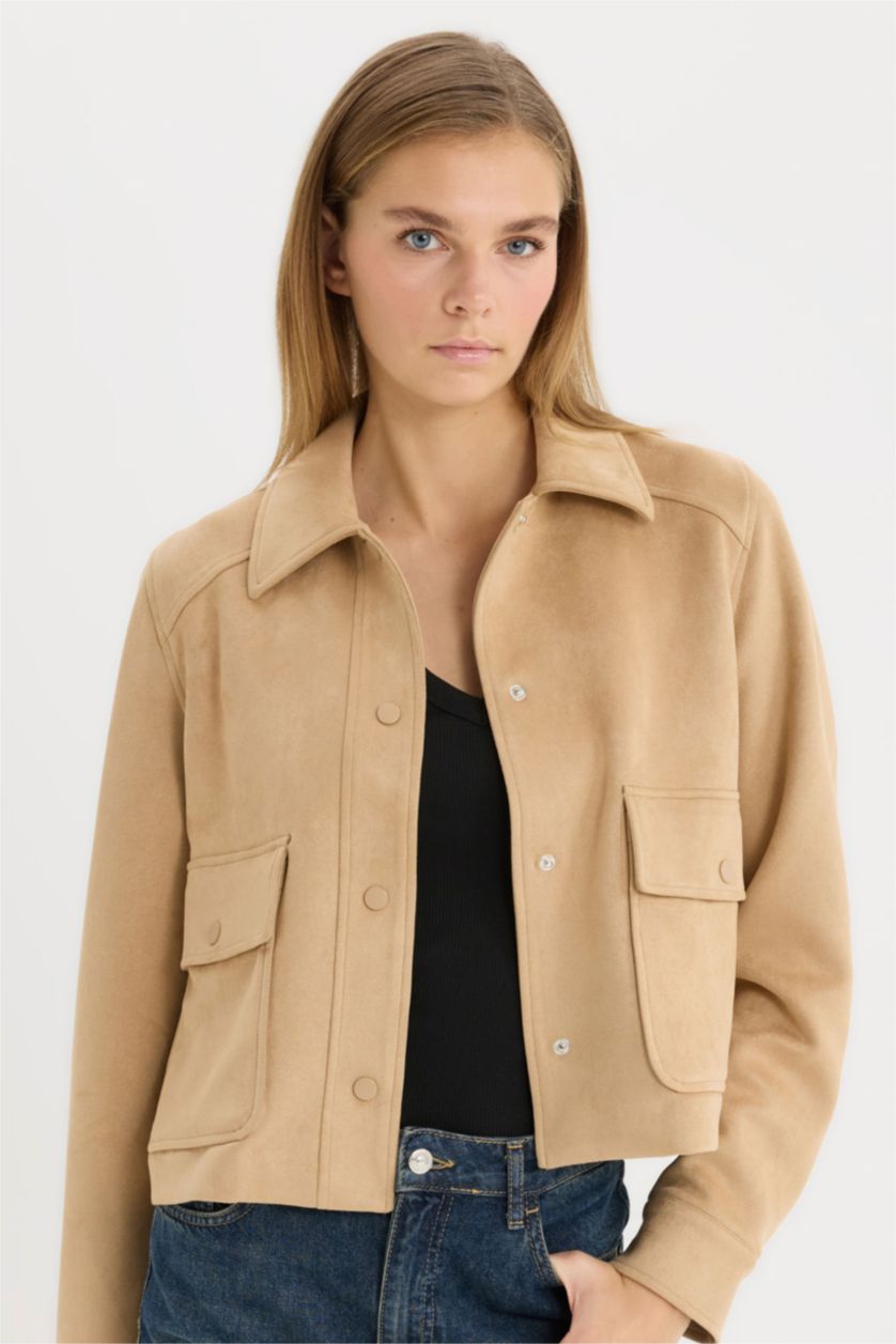 Kadın Bej Regular Fit Polo Yaka Cepli Basic Düz Süet Ceket Mont