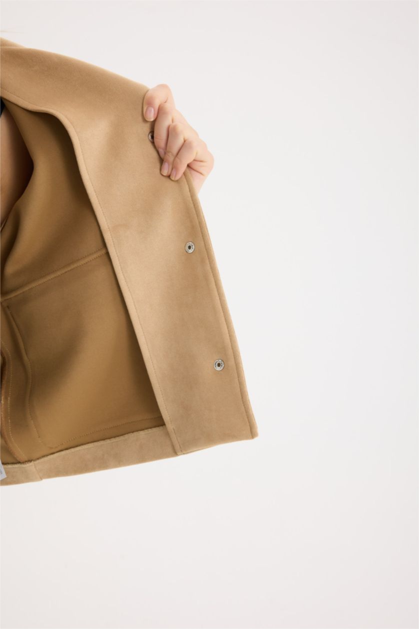 Kadın Bej Regular Fit Polo Yaka Cepli Basic Düz Süet Ceket Mont