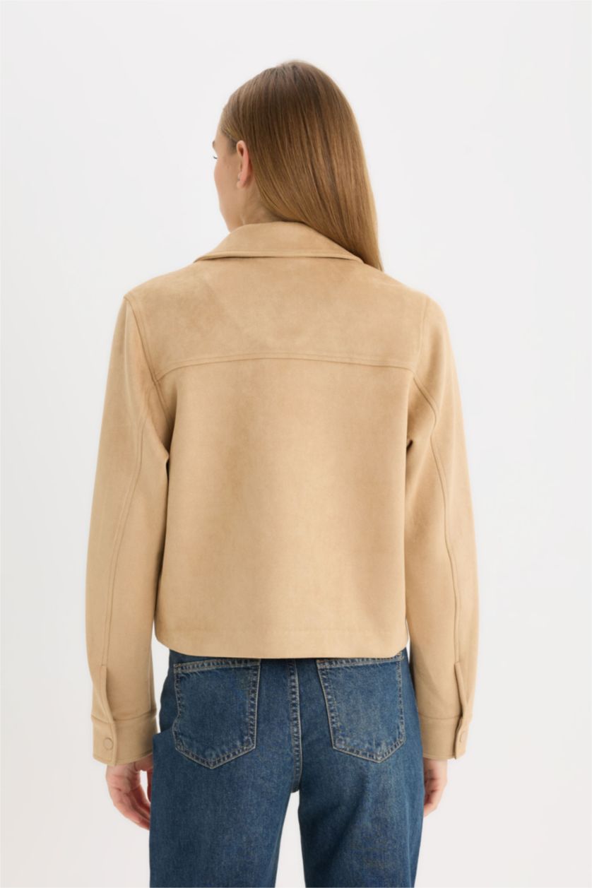 Kadın Bej Regular Fit Polo Yaka Cepli Basic Düz Süet Ceket Mont