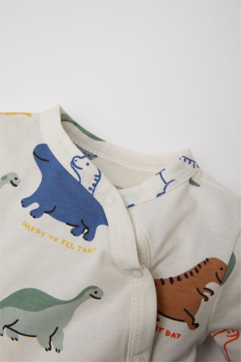 Erkek Bebek Ekru Dinozor Baskılı Çıtçıtlı Penye Uzun Kollu Tulum Erkek Bebek Yenidoğan