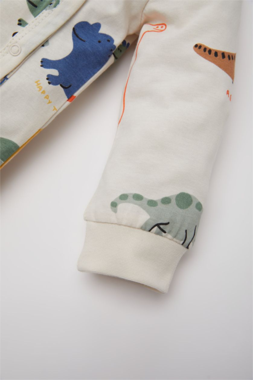 Erkek Bebek Ekru Dinozor Baskılı Çıtçıtlı Penye Uzun Kollu Tulum Erkek Bebek Yenidoğan