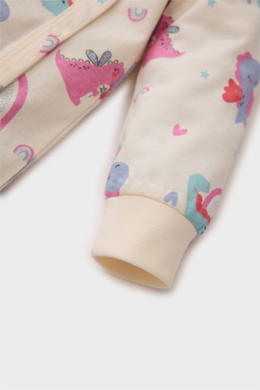 Kız Bebek Kırık Beyaz Dinozor Baskılı Penye Uzun Kollu Çıtçıtlı Tulum Kız Bebek Yenidoğan