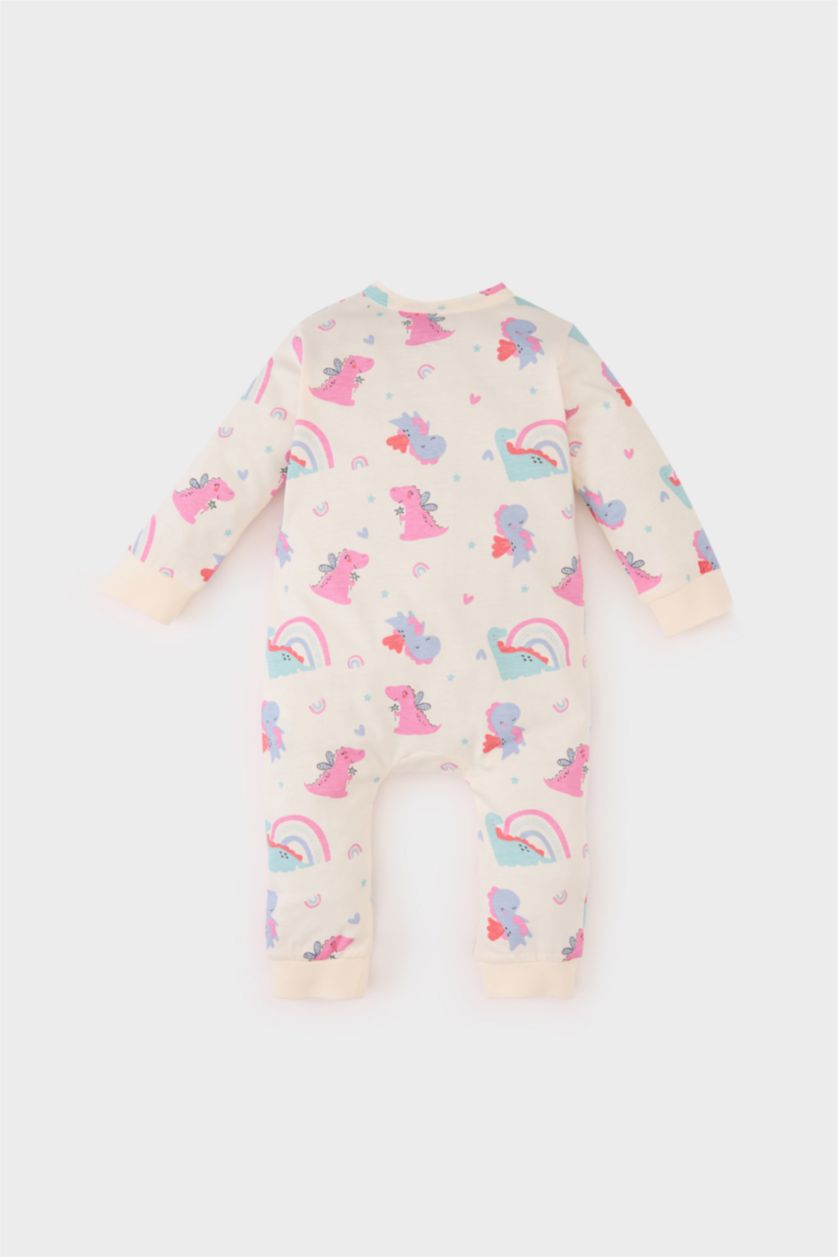 Kız Bebek Kırık Beyaz Dinozor Baskılı Penye Uzun Kollu Çıtçıtlı Tulum Kız Bebek Yenidoğan