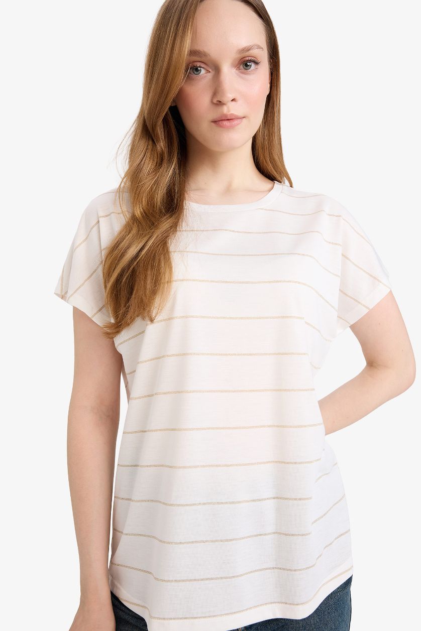WOMAN Ecru Short Sleeve Striped T-Shirt