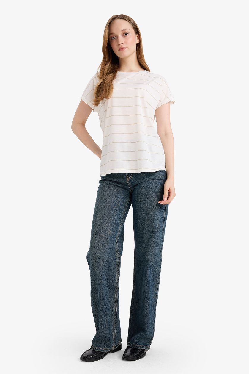 WOMAN Ecru Short Sleeve Striped T-Shirt