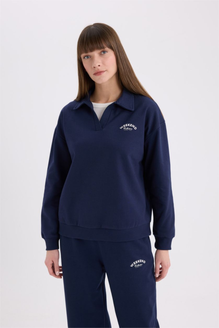 Woman NAVY Relax Fit Slogan Long Sleeve Sweatshirt