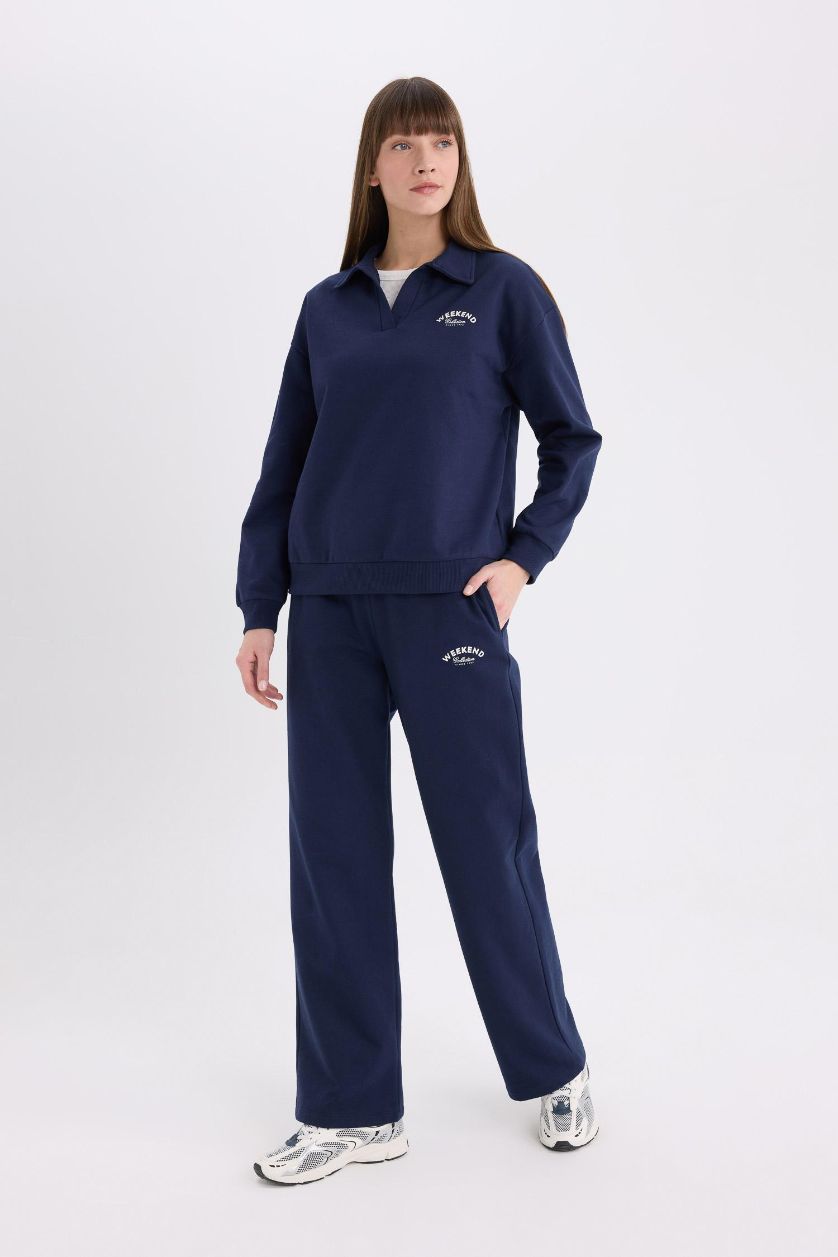 WOMAN NAVY Printed Elastic Waist Wide Leg Sweatpants