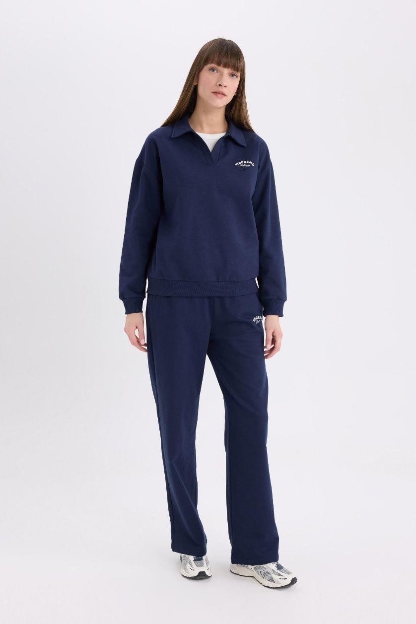 WOMAN NAVY Printed Elastic Waist Wide Leg Sweatpants