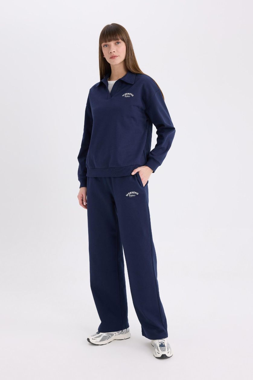 WOMAN NAVY Printed Elastic Waist Wide Leg Sweatpants