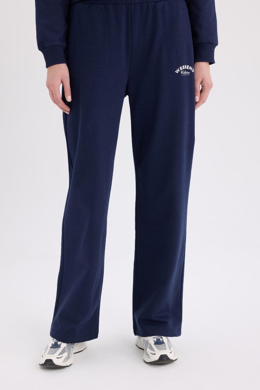 WOMAN NAVY Printed Elastic Waist Wide Leg Sweatpants