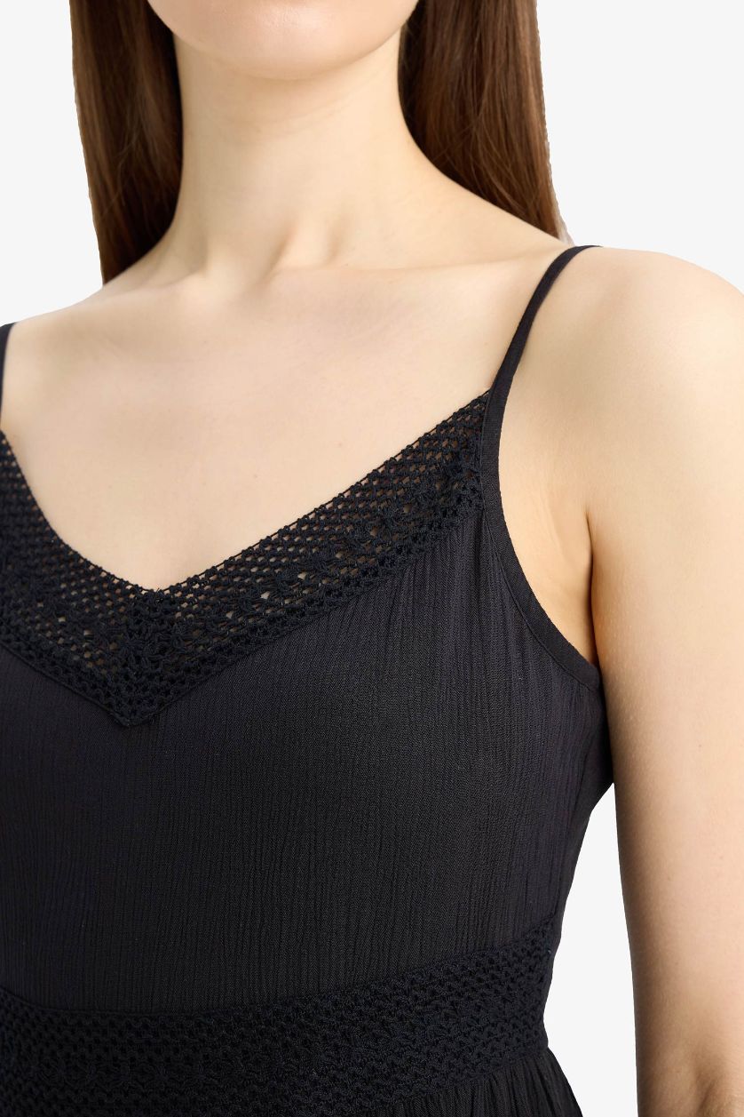 Kadın Siyah A Kesim V Yaka Pamuklu Kolsuz Midi Elbise