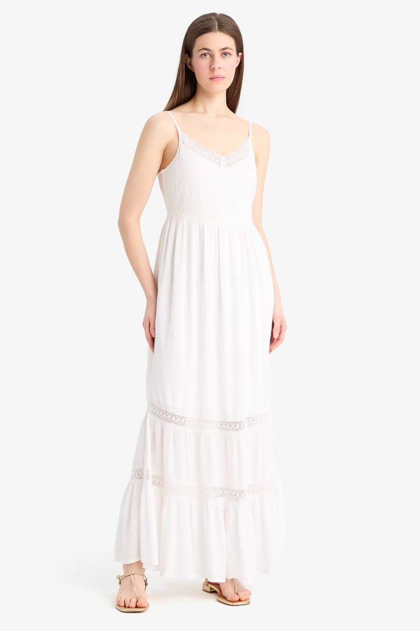 Kadın Kırık Beyaz A Kesim V Yaka Pamuklu Kolsuz Midi Elbise