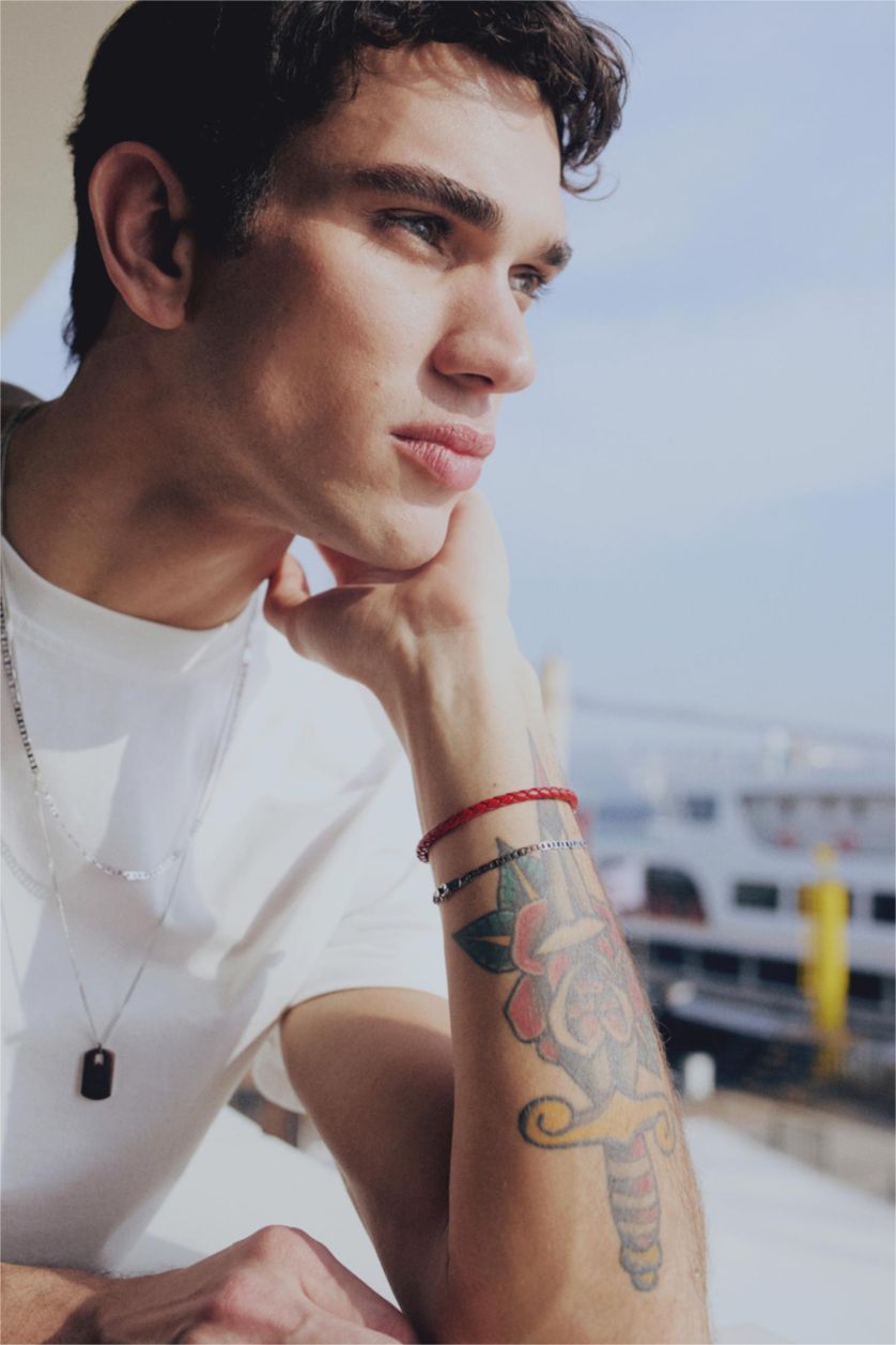 Erkek Kırmızı AtolyeWolf x DeFacto Erkek 2'li Kırmızı Deri Çelik Parçalı ve Siyah Bar Çelik Zincirli Bileklik