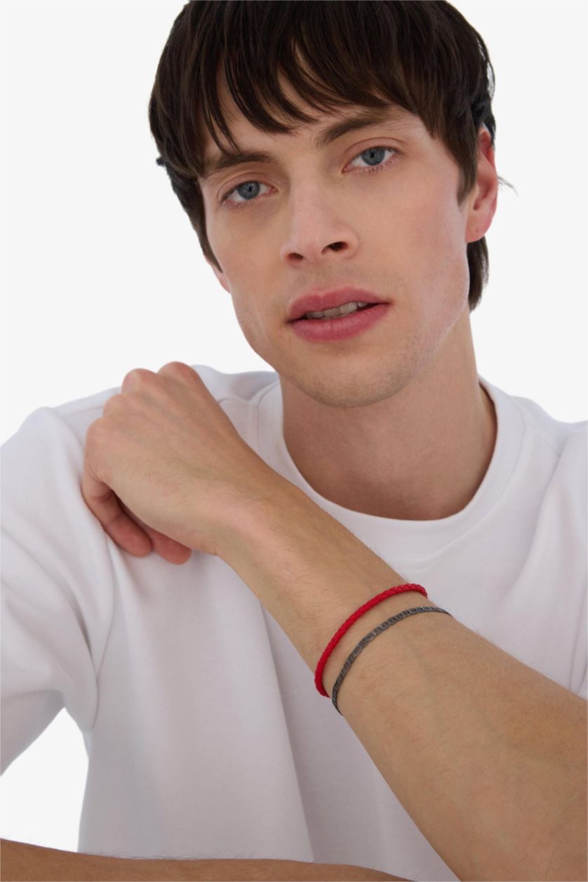 Erkek Kırmızı AtolyeWolf x DeFacto Erkek 2'li Kırmızı Deri Çelik Parçalı ve Siyah Bar Çelik Zincirli Bileklik