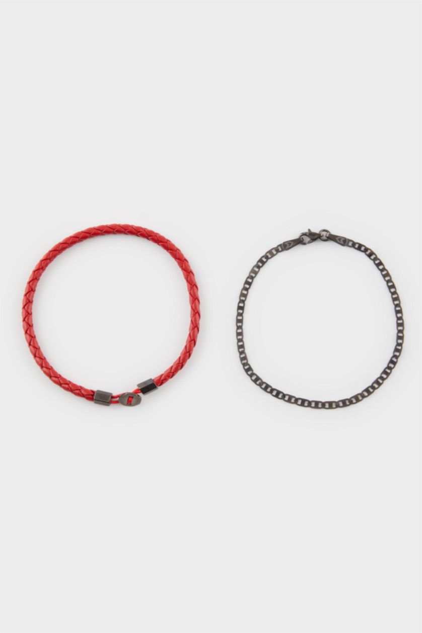 Erkek Kırmızı AtolyeWolf x DeFacto Erkek 2'li Kırmızı Deri Çelik Parçalı ve Siyah Bar Çelik Zincirli Bileklik