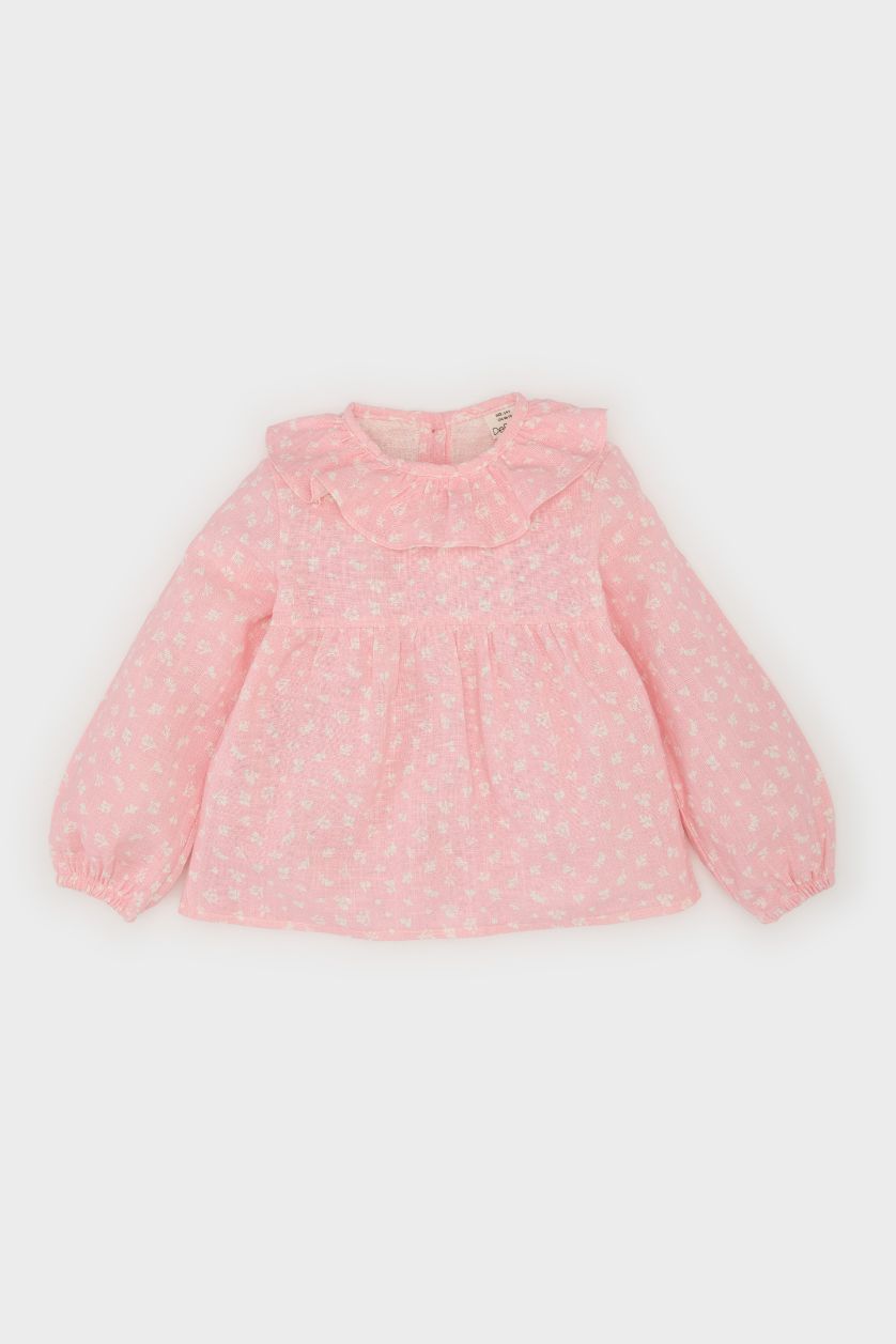 Kız Bebek Pembe Çiçekli Flamlı Poplin Uzun Kollu Gömlek Kız Bebek