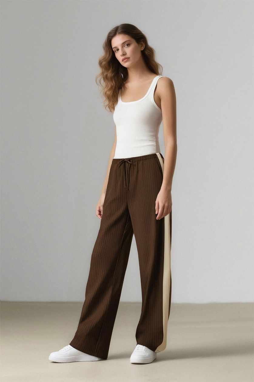 Kadın Kahve Wide Leg Çizgili Kumaş Palazzo Pantolon Normal Bel