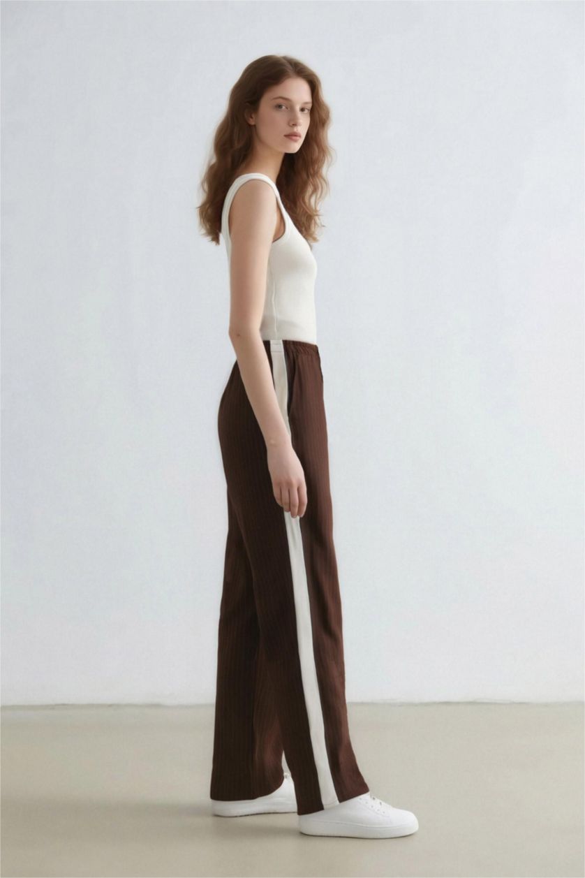 Kadın Kahve Wide Leg Çizgili Kumaş Palazzo Pantolon Normal Bel