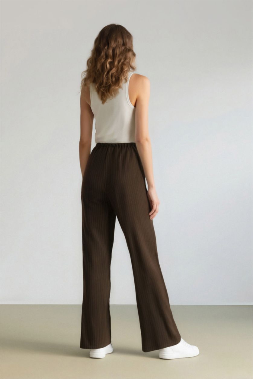 Kadın Kahve Wide Leg Çizgili Kumaş Palazzo Pantolon Normal Bel