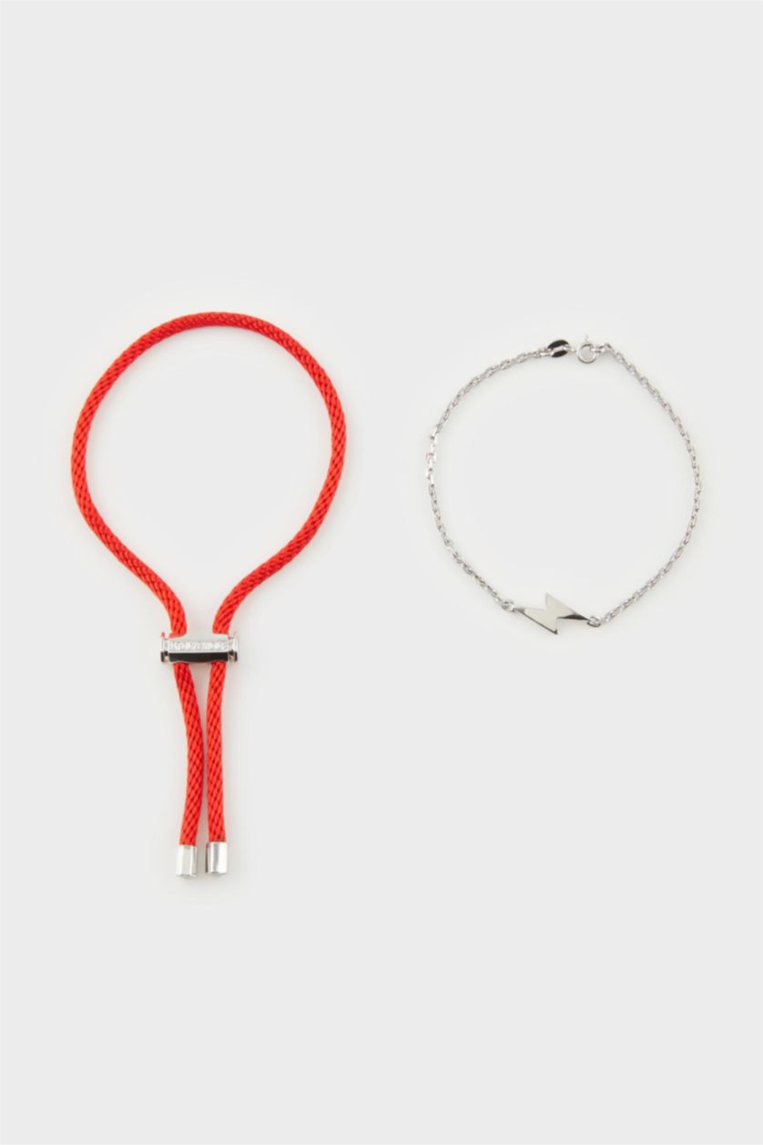 Erkek Kırmızı AtolyeWolf x DeFacto Erkek 2'li Kalın İp Çelik Parçalı ve Çelik Zincir Bileklik