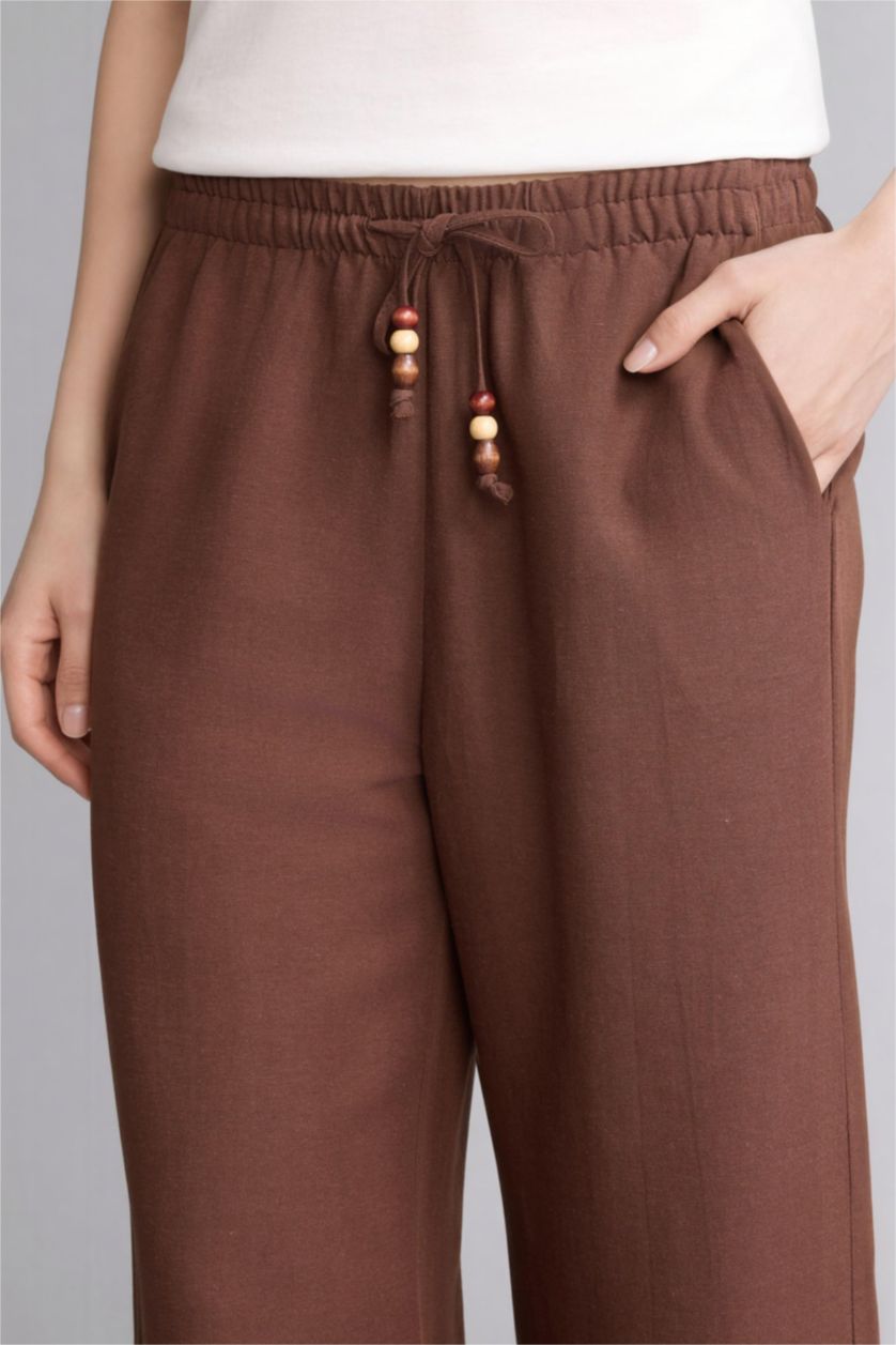 Kadın Kahve Düz Paça Keten Karışımlı Kapri