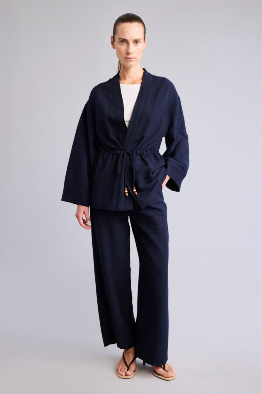 Women NAVY Linen Blended Trousers