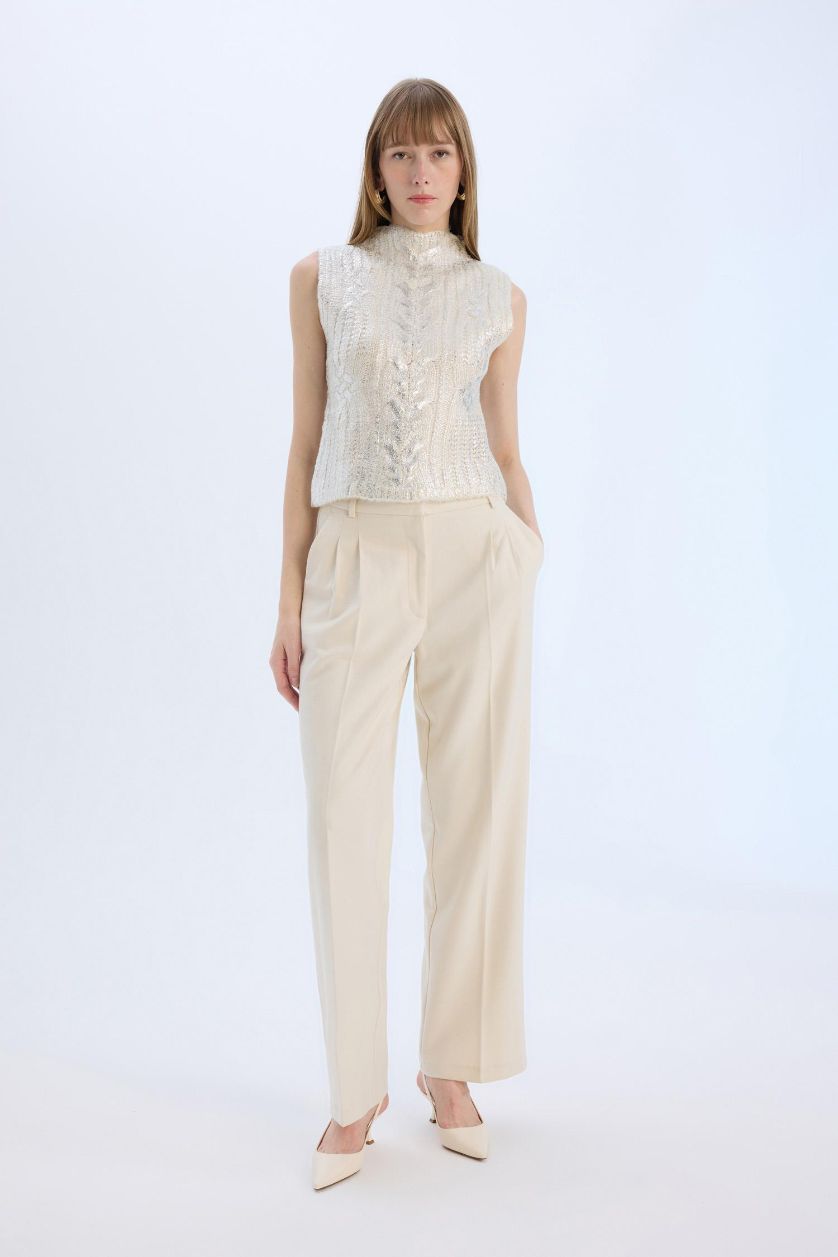 WOMAN Ecru Wide Leg Regular Hem Flanel Trousers