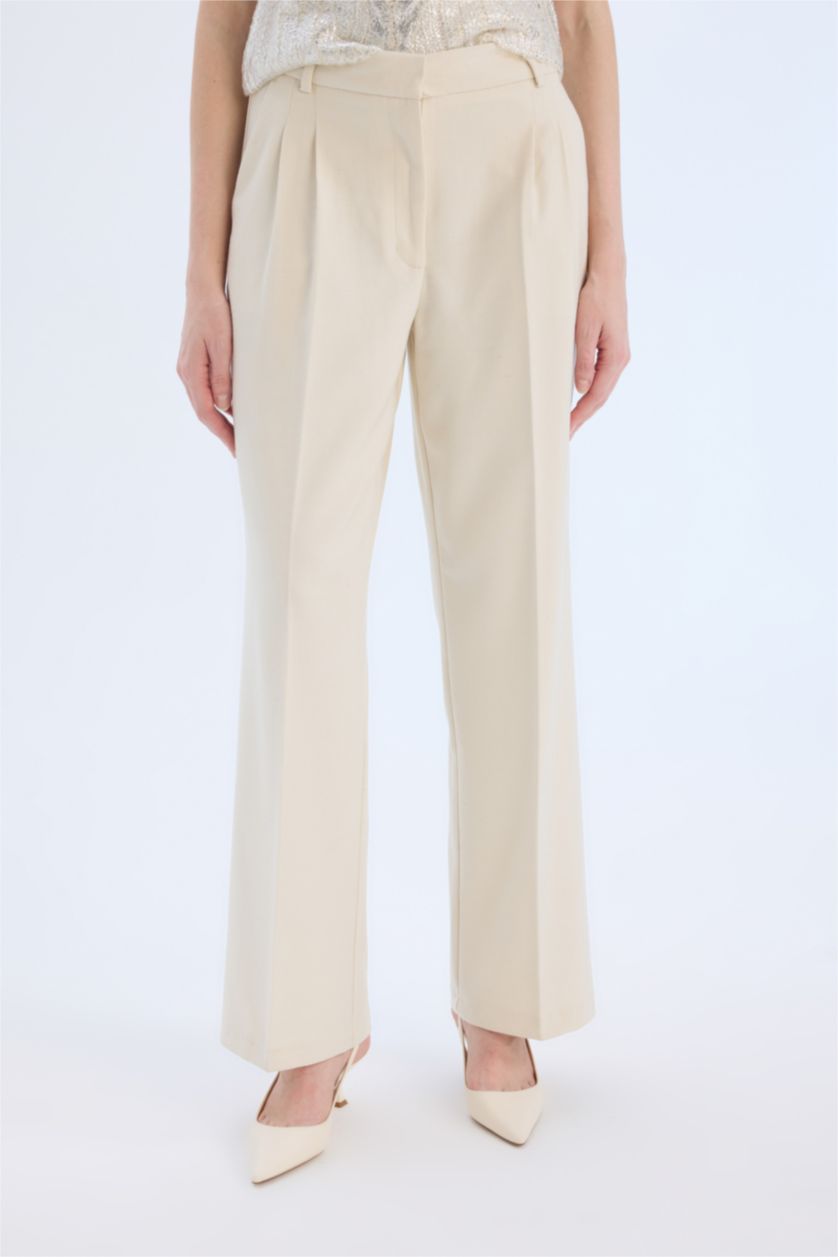 WOMAN Ecru Wide Leg Regular Hem Flanel Trousers