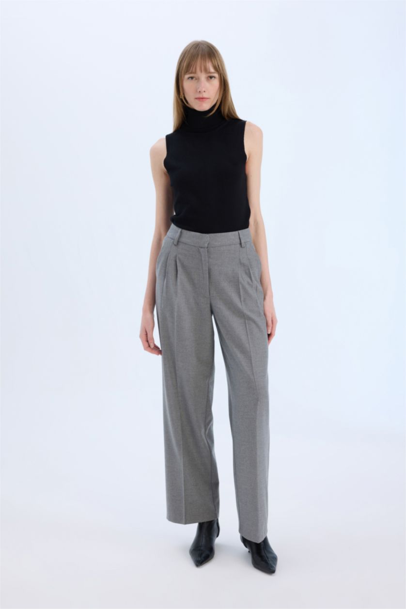 Woman Grey Melange High Waist Straight Leg Darted Flannel Wide Leg Trousers