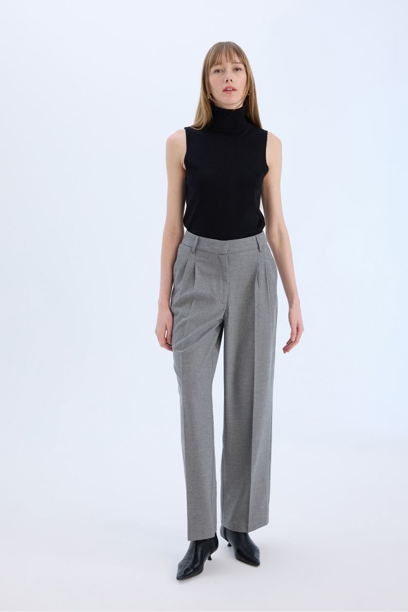 Woman Grey Melange High Waist Straight Leg Darted Flannel Wide Leg Trousers