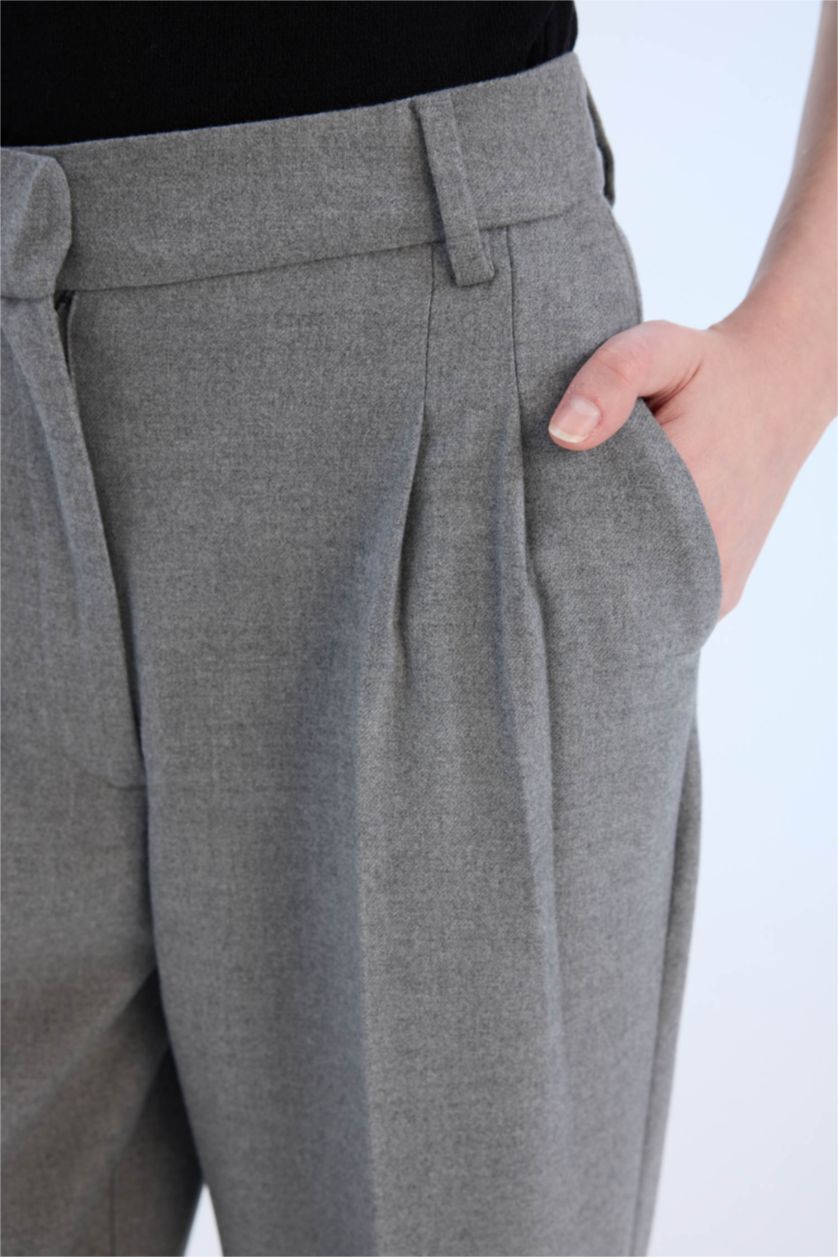 Woman Grey Melange High Waist Straight Leg Darted Flannel Wide Leg Trousers