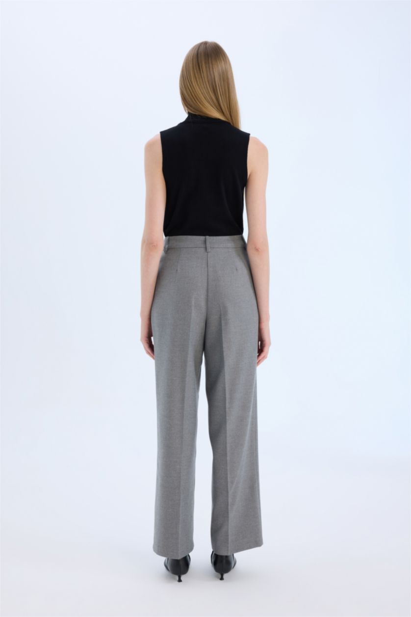Woman Grey Melange High Waist Straight Leg Darted Flannel Wide Leg Trousers