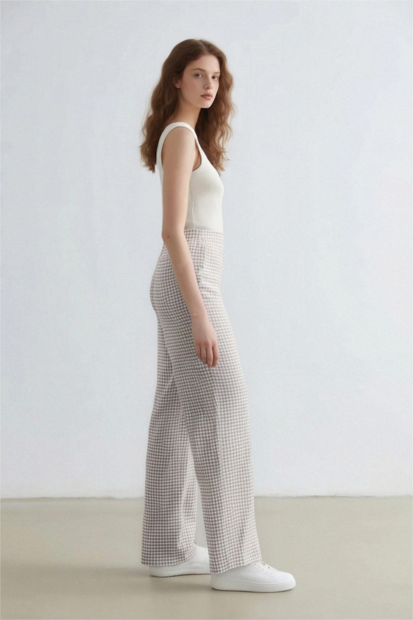 Kadın Taş Wide Leg Kareli Normal Bel Geniş Paça Pantolon