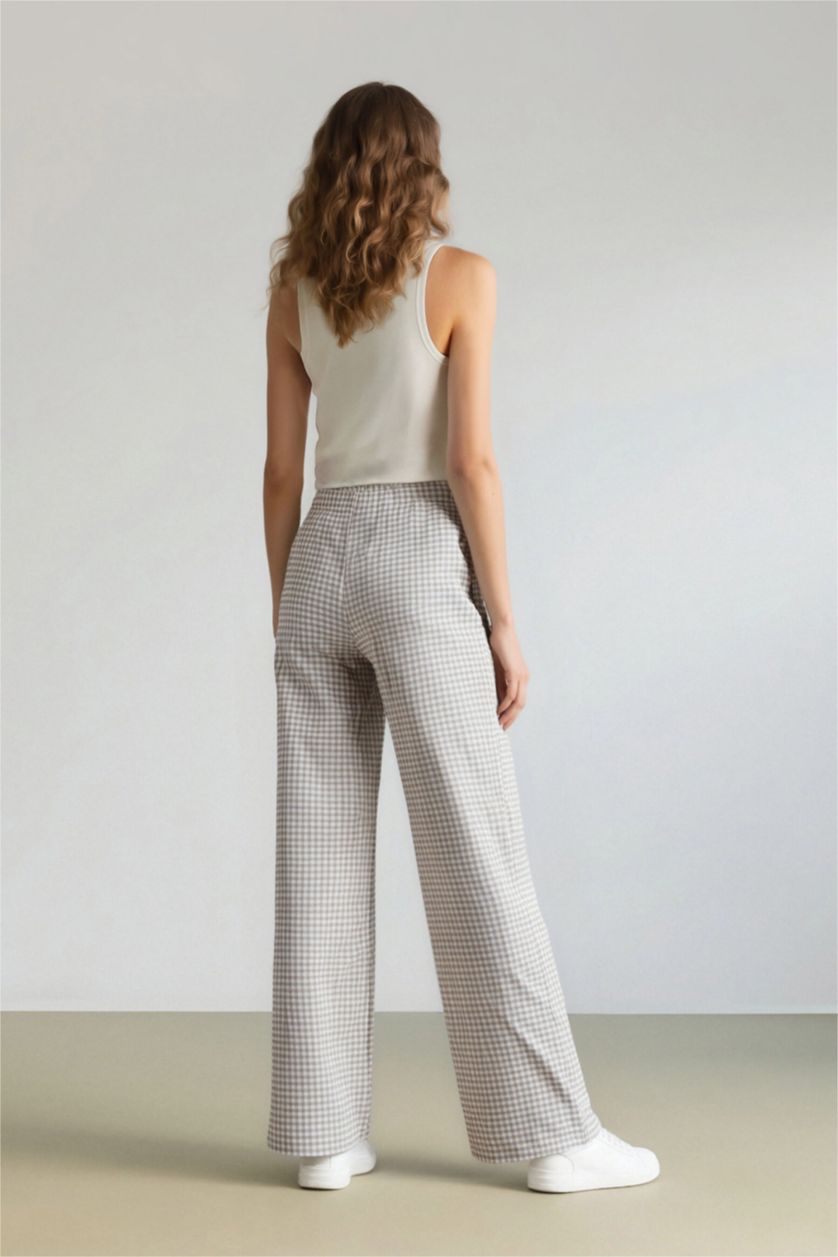 Kadın Taş Wide Leg Kareli Normal Bel Geniş Paça Pantolon