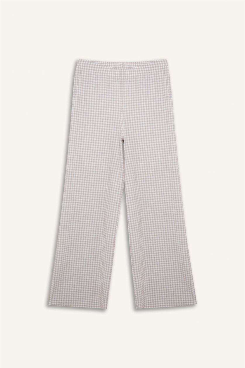 Kadın Taş Wide Leg Kareli Normal Bel Geniş Paça Pantolon