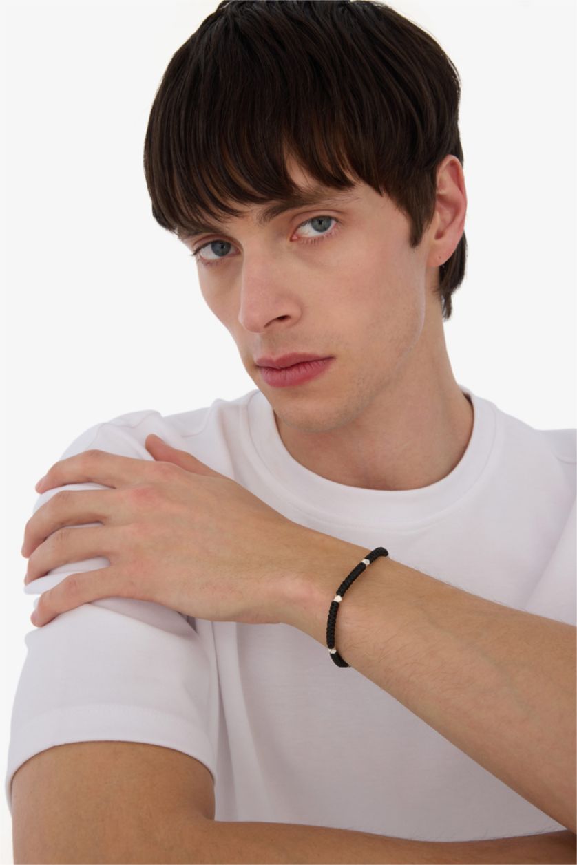 Erkek Siyah AtolyeWolf x DeFacto Erkek Örülmüş İp ve Çelik Parçalı Gümüş Siyah Yılan Bileklik