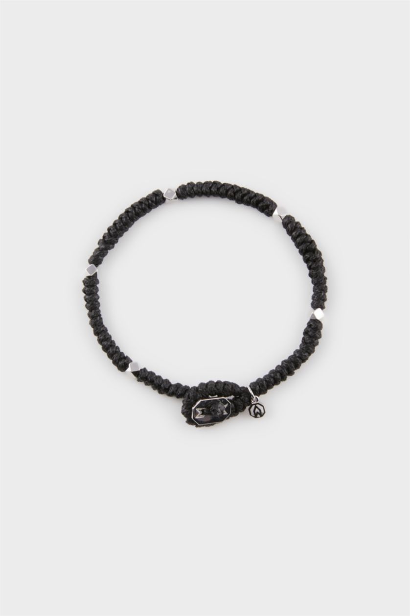 Erkek Siyah AtolyeWolf x DeFacto Erkek Örülmüş İp ve Çelik Parçalı Gümüş Siyah Yılan Bileklik
