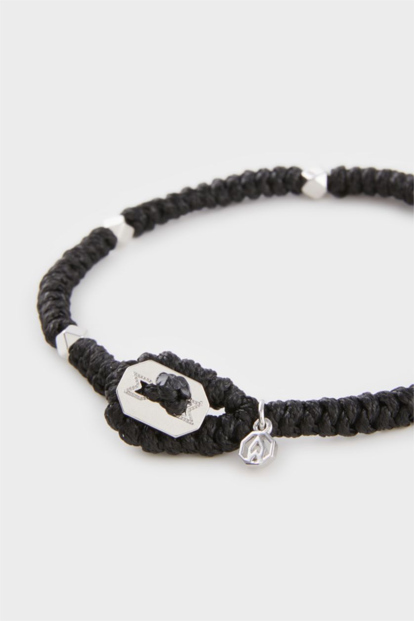 Erkek Siyah AtolyeWolf x DeFacto Erkek Örülmüş İp ve Çelik Parçalı Gümüş Siyah Yılan Bileklik
