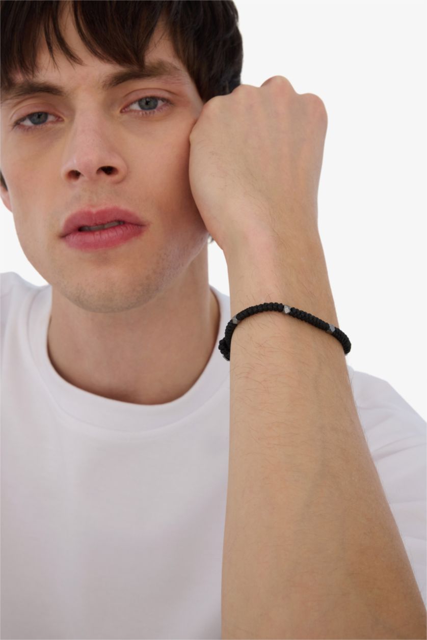 Erkek Siyah AtolyeWolf x DeFacto Erkek Örülmüş İp ve Çelik Parçalı Siyah Siyah Yılan Bileklik