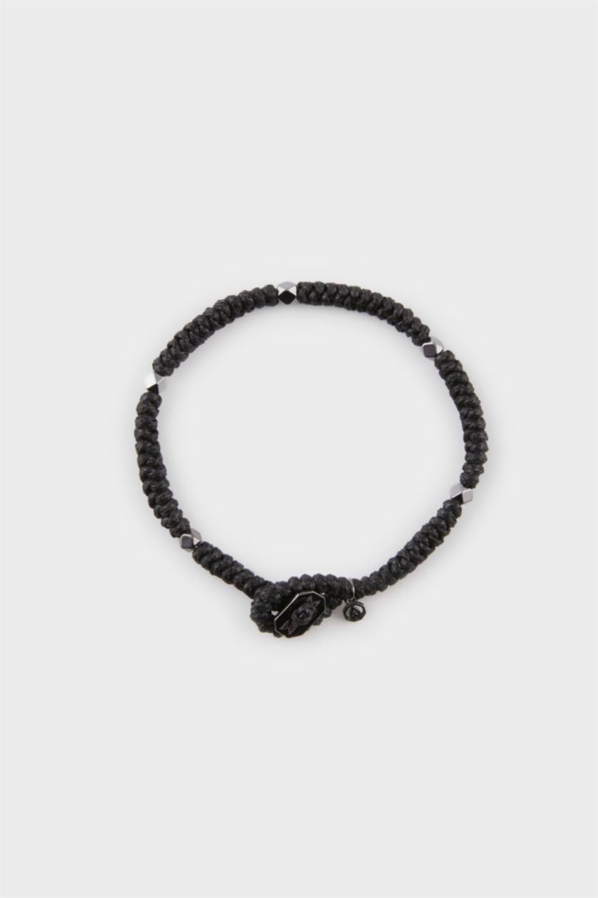 Erkek Siyah AtolyeWolf x DeFacto Erkek Örülmüş İp ve Çelik Parçalı Siyah Siyah Yılan Bileklik