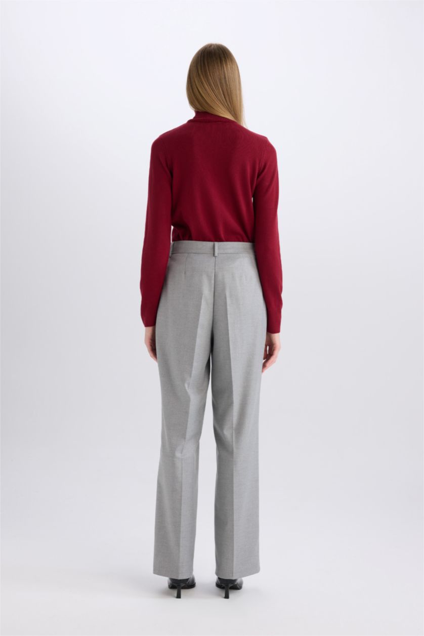 Kadın Gri Melanj Wide Leg Flanel Kışlık Pantolon Yüksek Bel Geniş Düz Paça Pensli