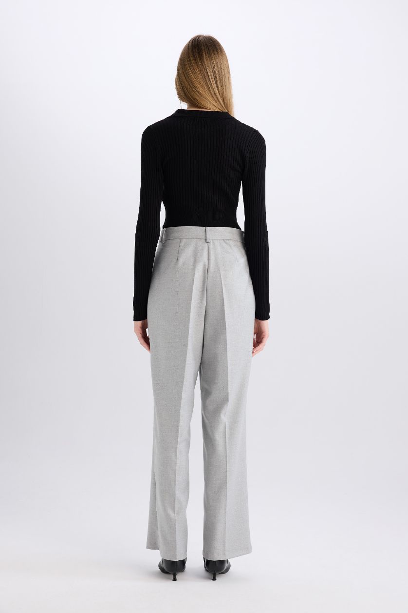 Kadın Gri Melanj Wide Leg Flanel Palazzo Pantolon Yüksek Bel Geniş Düz Paça Pensli