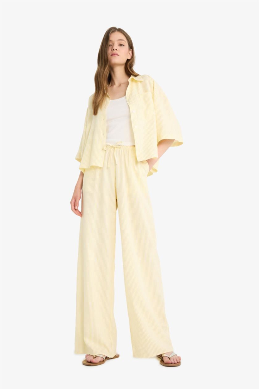 WOMAN Yellow Striped Normal Waist Linen Blend Wide Leg Trousers