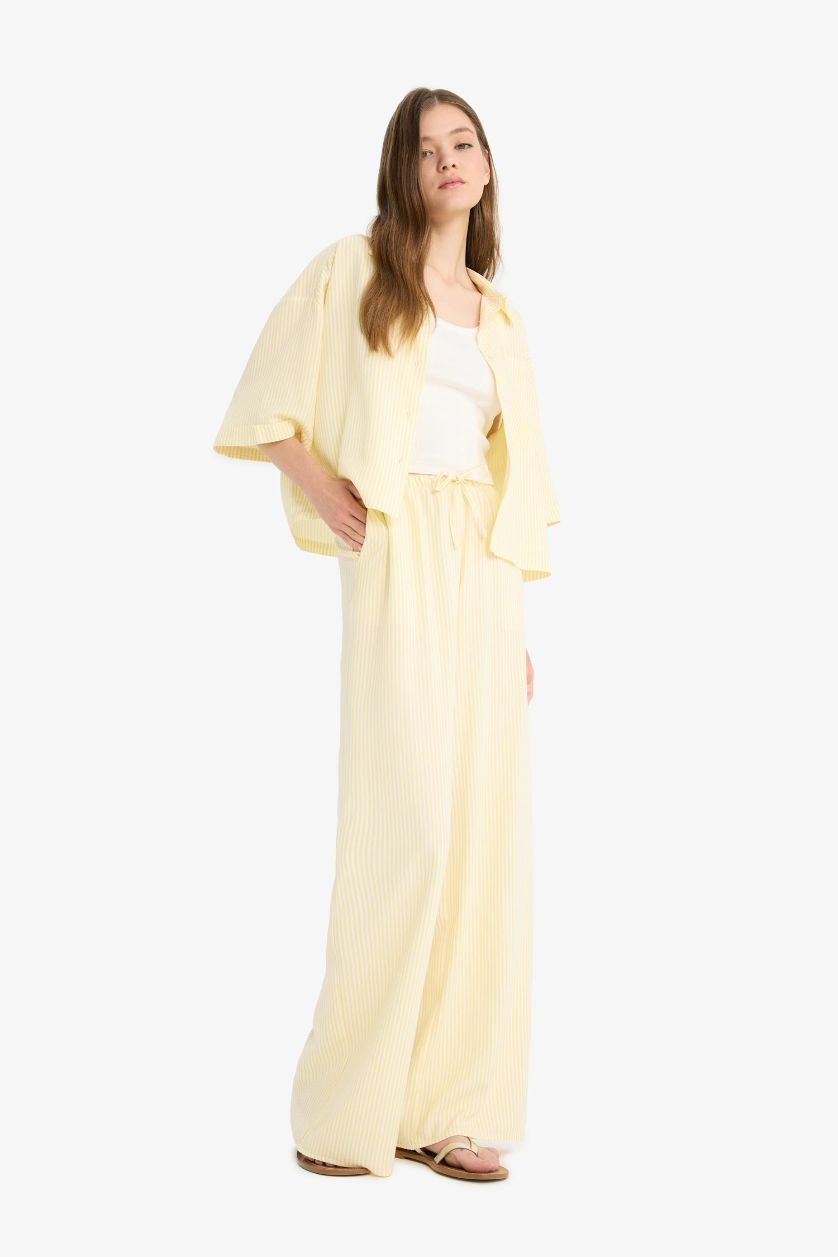 WOMAN Yellow Striped Normal Waist Linen Blend Wide Leg Trousers
