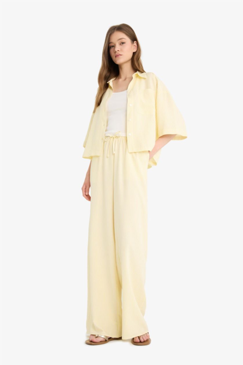 WOMAN Yellow Striped Normal Waist Linen Blend Wide Leg Trousers