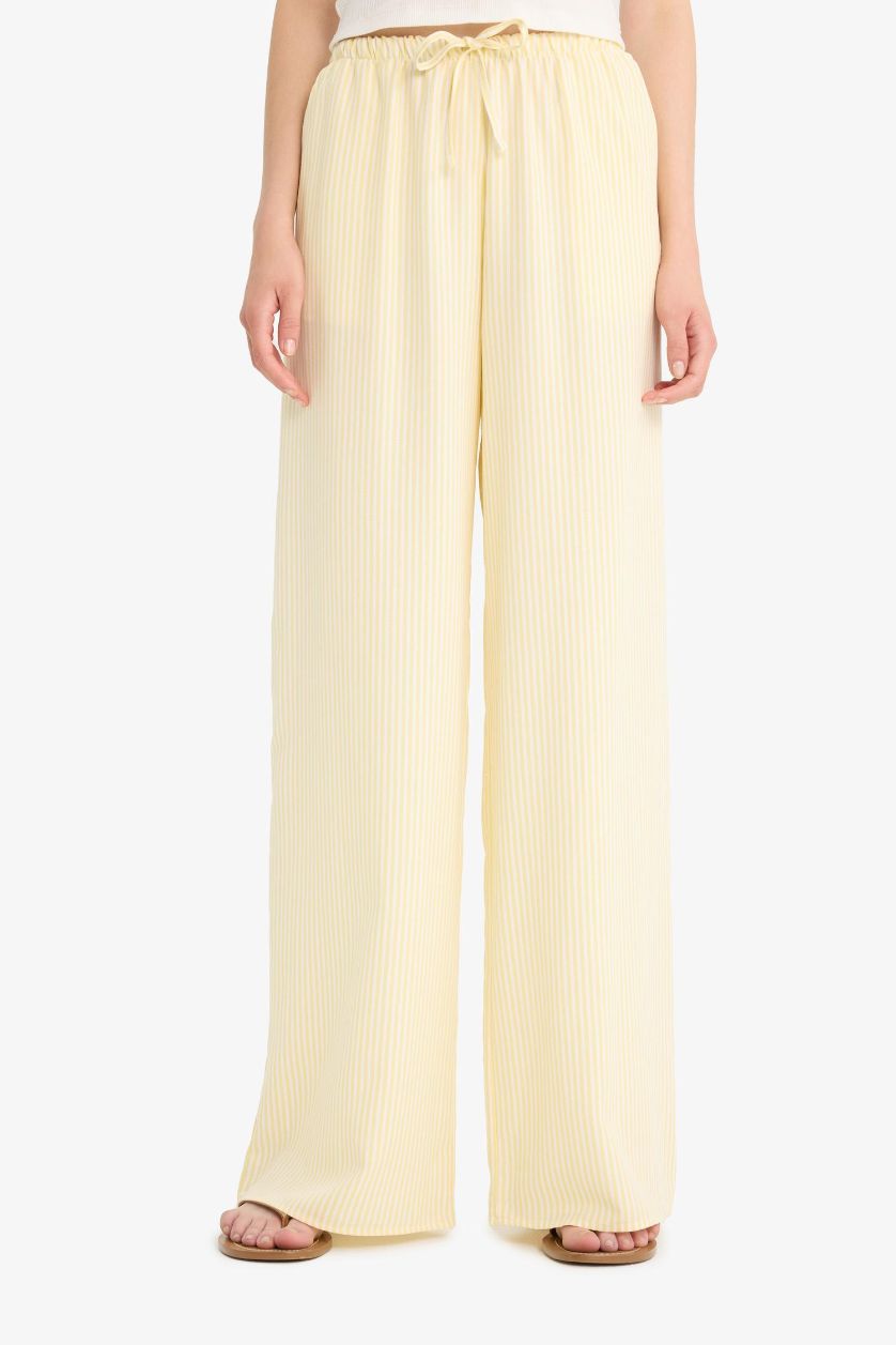 WOMAN Yellow Striped Normal Waist Linen Blend Wide Leg Trousers